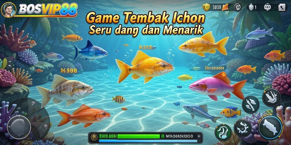 Screenshot gameplay BOSVIP88 yang menunjukkan momen menembak ikan.