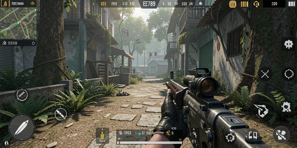Tangkapan layar gameplay menegangkan dari EE789 dengan aksi TPS.