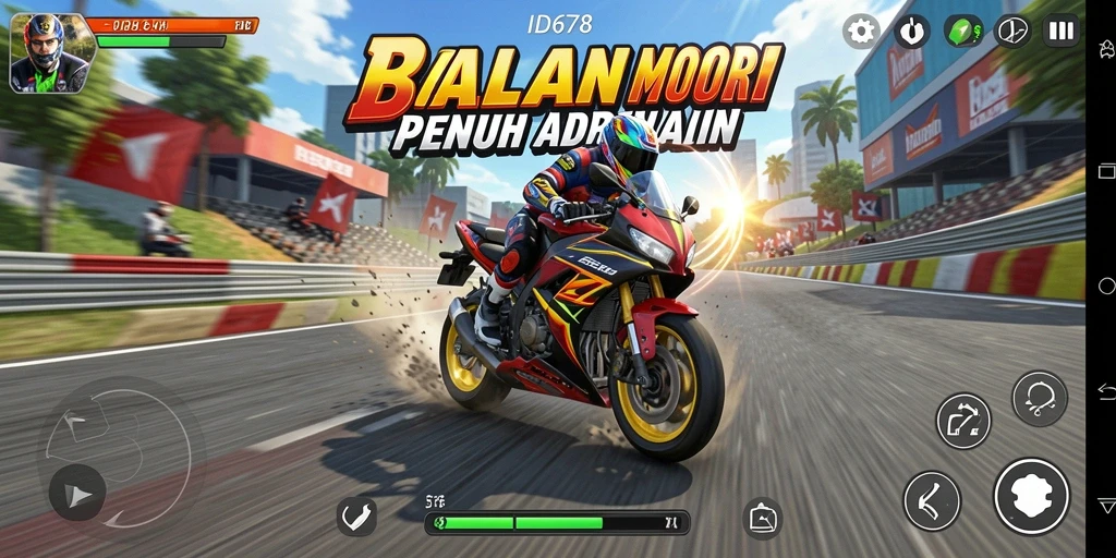Screenshot ID678 menampilkan keseruan balapan motor yang mendebarkan.
