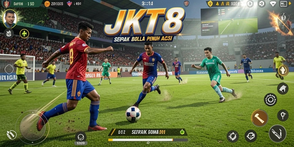Gameplay seru JKT8 dengan aksi sepak bola yang mendebarkan.