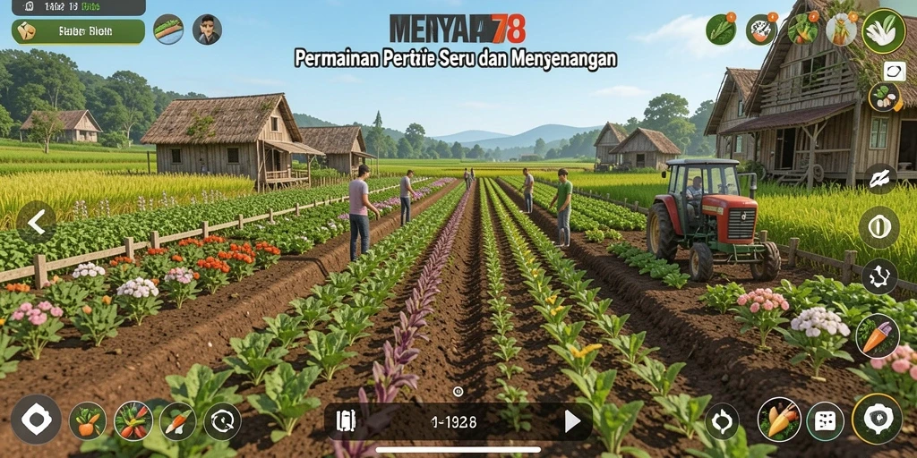 Tampilan gameplay seru dalam MENYALA78 dengan lahan yang subur dan tanaman hijau.