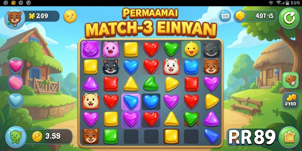 Screenshot utama RR89 menampilkan gameplay Match-3 yang menarik dan penuh warna.