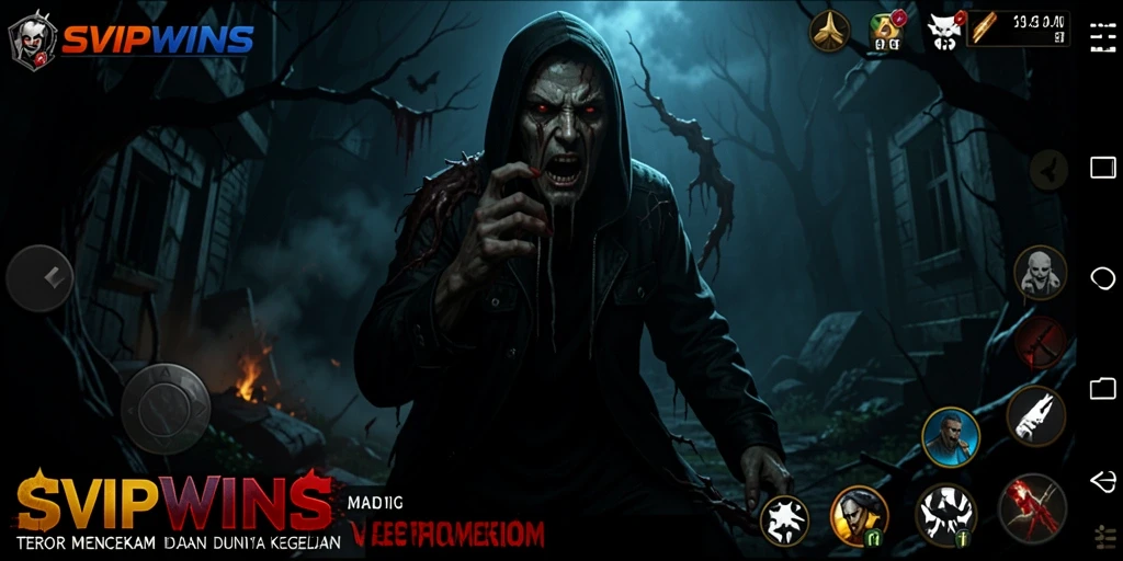 Screenshot gameplay SVIPWINS yang menunjukkan suasana menegangkan dan menakutkan.